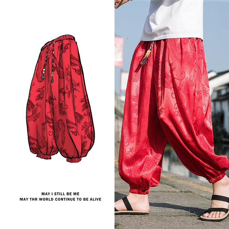 Outdoor Brand Pants for Men Lce Silk Dragon Dark Flower Loose Bloomers High Quality Wide Leg Casual Trousers Male