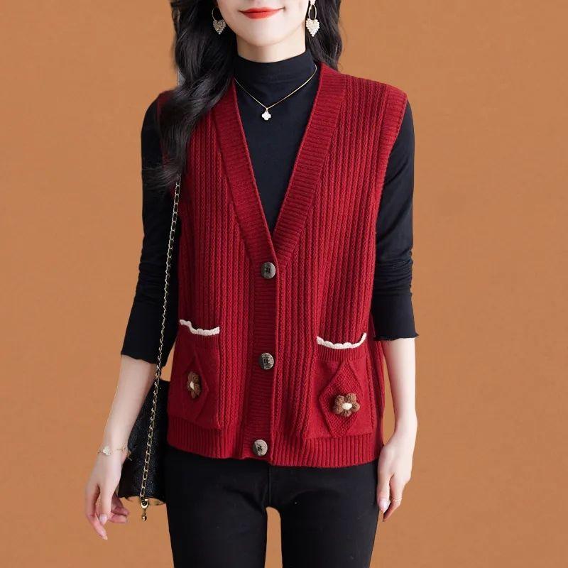 

Свободный вязаный жилет-кардиган женский новый свитер с плечом среднего возраста весенне-осеннее мамино пальто безрукавный жилет S красный