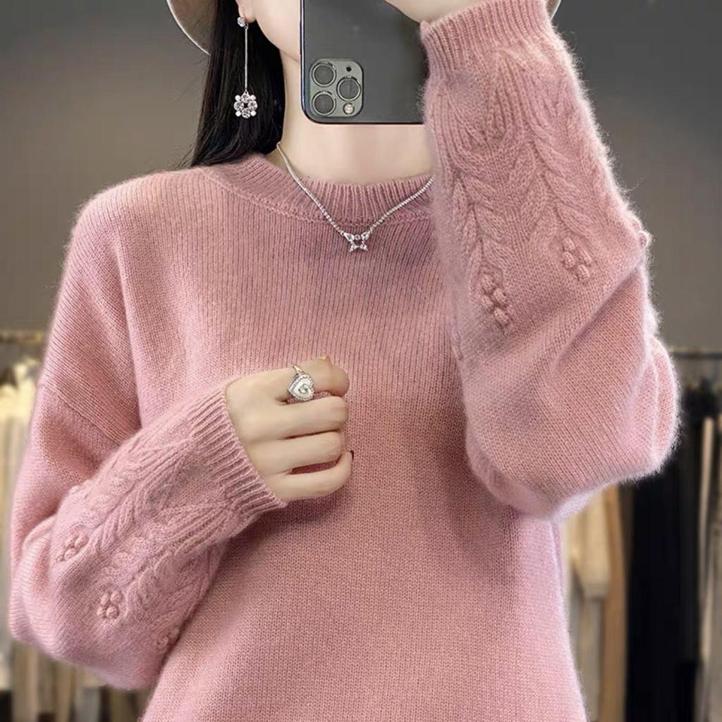 Rundhalspullover für Damen im Herbst und Winter, einfarbig, lockerer Jacquard-Pullover und Pullover mit weicher, klebriger Strickbasis
