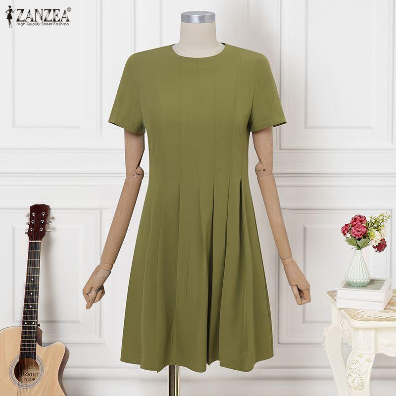 ZANZEA Kadın Yazlık Günlük Yuvarlak Yaka Kısa Kollu Elbise