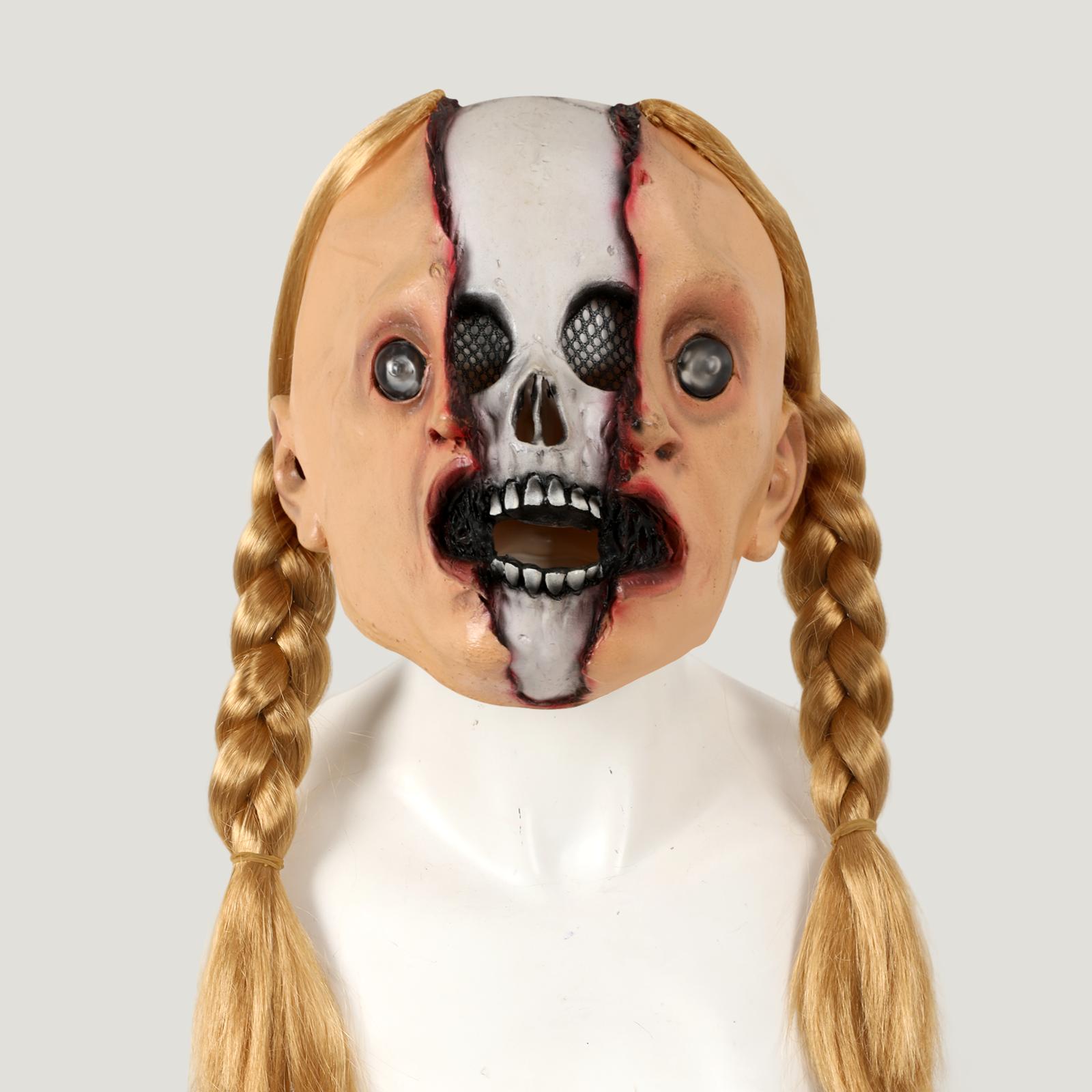 

Halloween Horror Girl Mask Cracked Face Skull Double Ponytail Masks Cosplay Costume Party Props For Adult