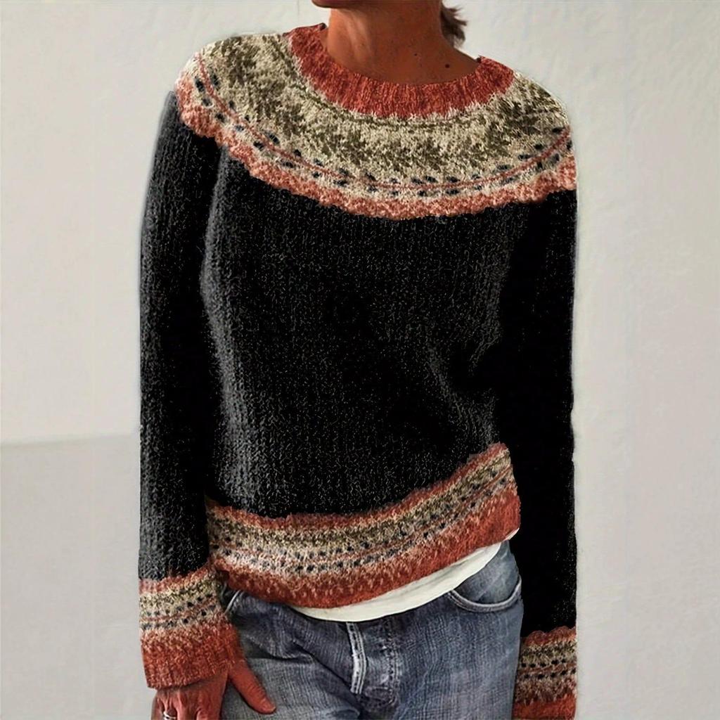 2026 Women's Elegant Color Block Round Neck Long Sleeve Sweater