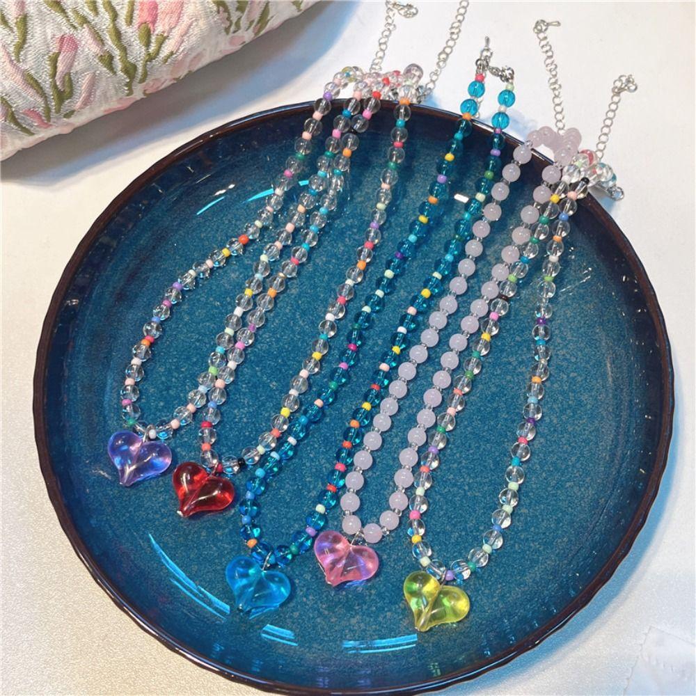 Beaded Transparent Love Heart Necklace Korean Style Clavicle Chain Sweater Chain Y2K Choker  Party