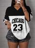 Summer American  Women's No.23  CHICAGO Print T-Shirt V-Neck Loose  Short Sleeved Sports Tee Beach T-Shirt Vacation Casual Tops