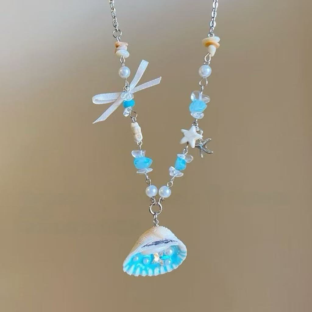 Seaside vacation wind cute pearl shell starfish beaded necklace female ins fairy niche men collarbone chain accessories