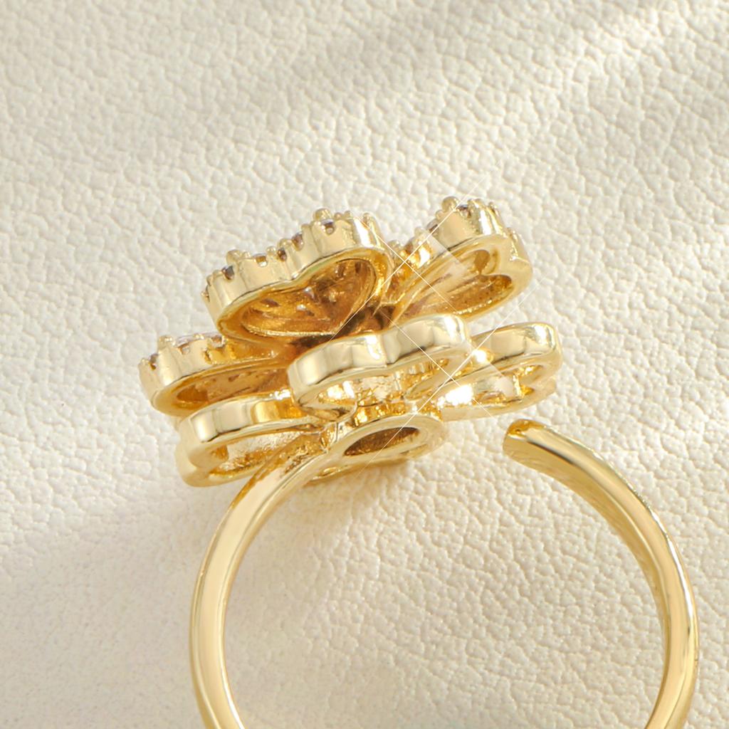 Golden Plated Rotatable Flower Synthetic Cubic Zirconia Ring for Women Luxury Statement Jewelry Gift