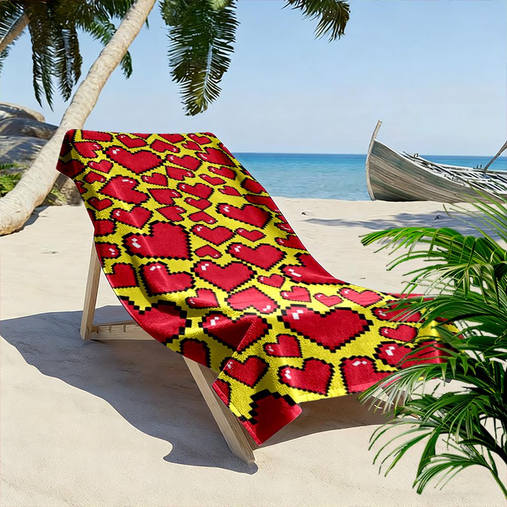 Pixel Red Hearts On Yellow Background Beach Towel Quick-drying for Travel Outdoor Sports Jogging Beach and Swimming