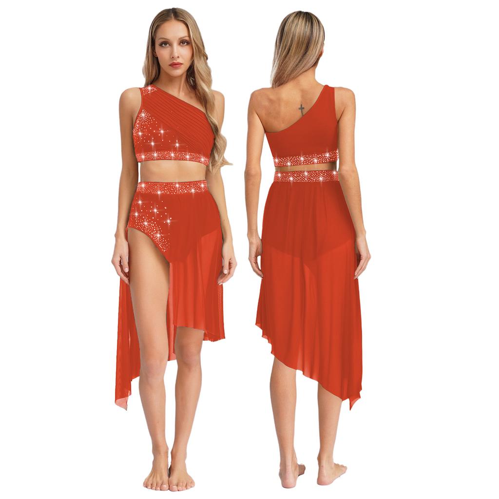 Womens Lyrical Modern Dance Outfits Dancewear One Shoulder Ruched Mesh Overlay Rhinestones Crop Top with Irregular Hem Skirt