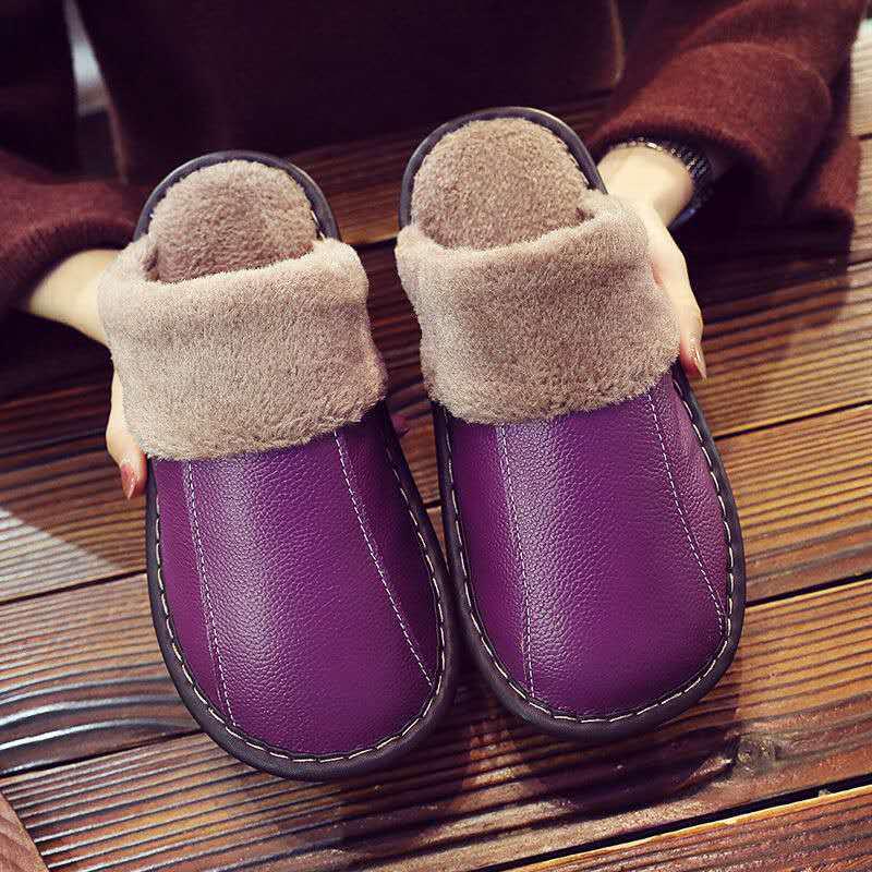 Unisex Genuine Leather Cowhide Slippers: Non-Slip, Warm Indoor Cotton Slippers for Autumn and Winter