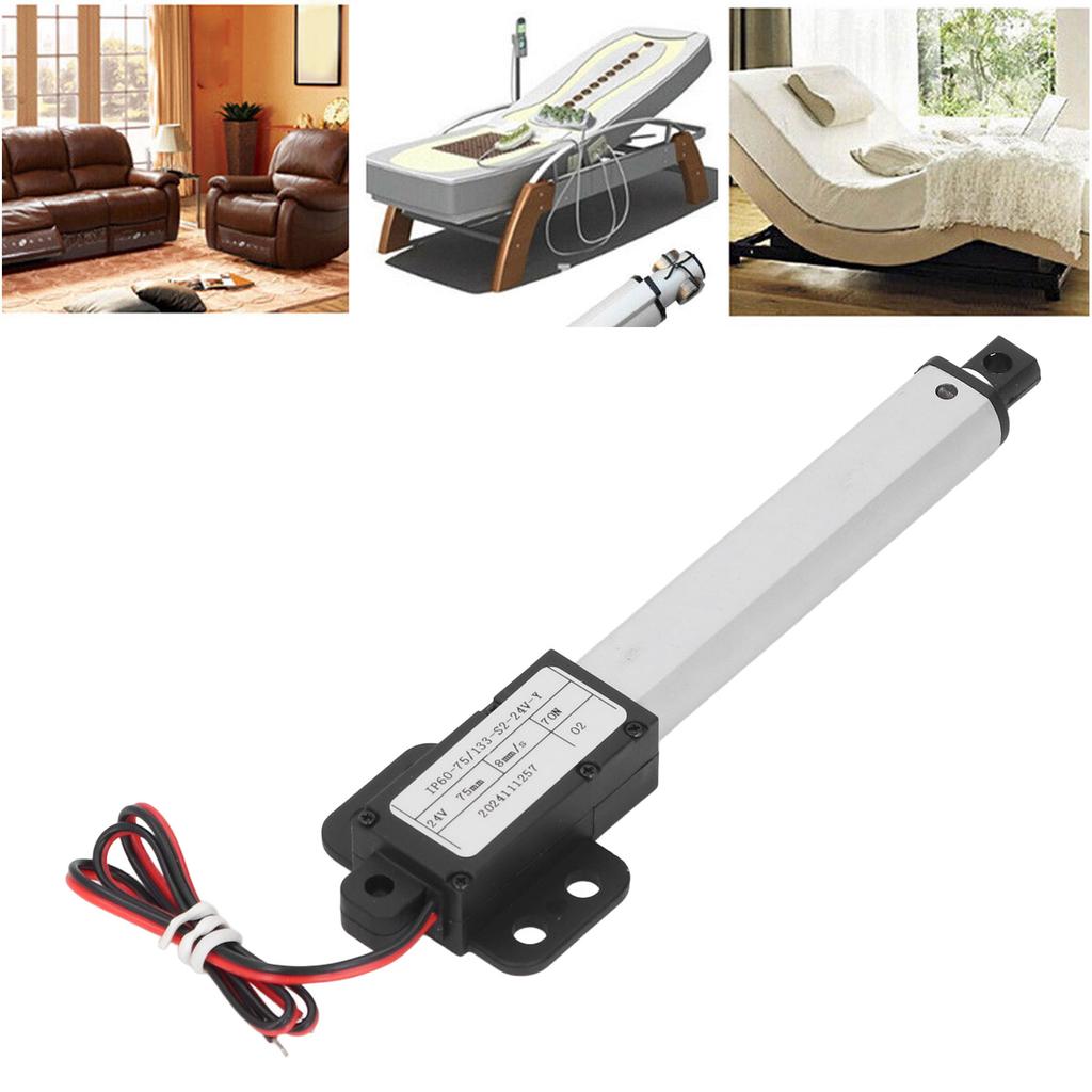 24V Electric Linear Actuator 75mm Stroke 70N Thrust 8mm/s Linear Motion Actuator with Reverse Polarity Switch for RV Motor Home