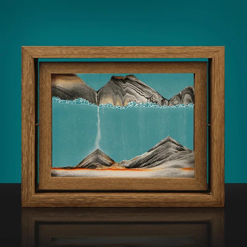 Moving Sand Art 3D Sandscape Quicksand Painting Liquid Hourglass Rotatable Wooden Frame Flowing Sand Home Decor Christmas Gift