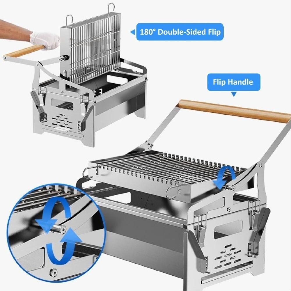 Klappbarer 360° drehbarer Stahlgrill Abnehmbares Grillrost Holzgriff Kleiner Grillrost Rostbeständig Belüftungslöcher