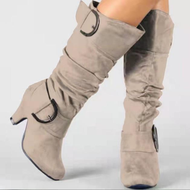 Damen Winterstiefel 2026 Mode Sexy Dame Wadenhohe Stiefel Hohe Absätze Kunstwildleder Schnalle Kurze Stiefel Plüsch Schneestiefel Damen