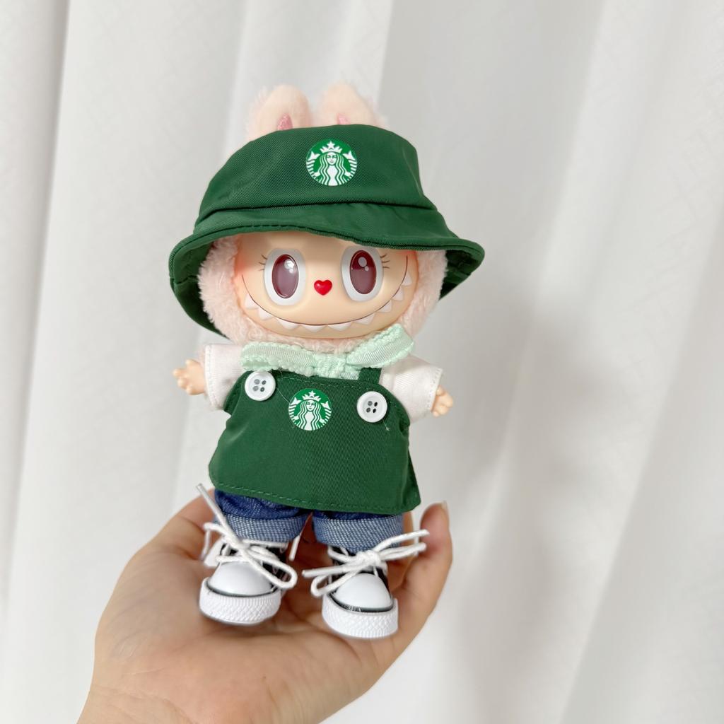For Labubu V1 V2 V3 Doll Clothing Fashion Overalls Bib Hat T-Shirt Shorts Shoes Set Kawaii Coffee Working Clothes Accessories