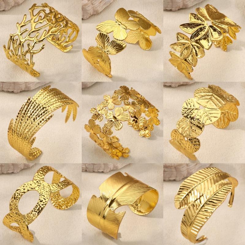 Personality Exaggerated Wide Version Feather Flower Opening Bracelet Women's Metal Wind Niche Versatile Light Luxury Jewelry