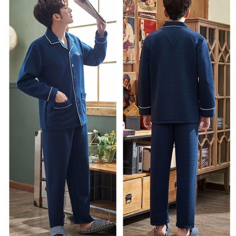 New Men Pajamas Autumn Winter Cotton Long-sleeved Loungewear Cotton Padded Plus Homewear Plus Plus Plus Size Sleepwear Suit