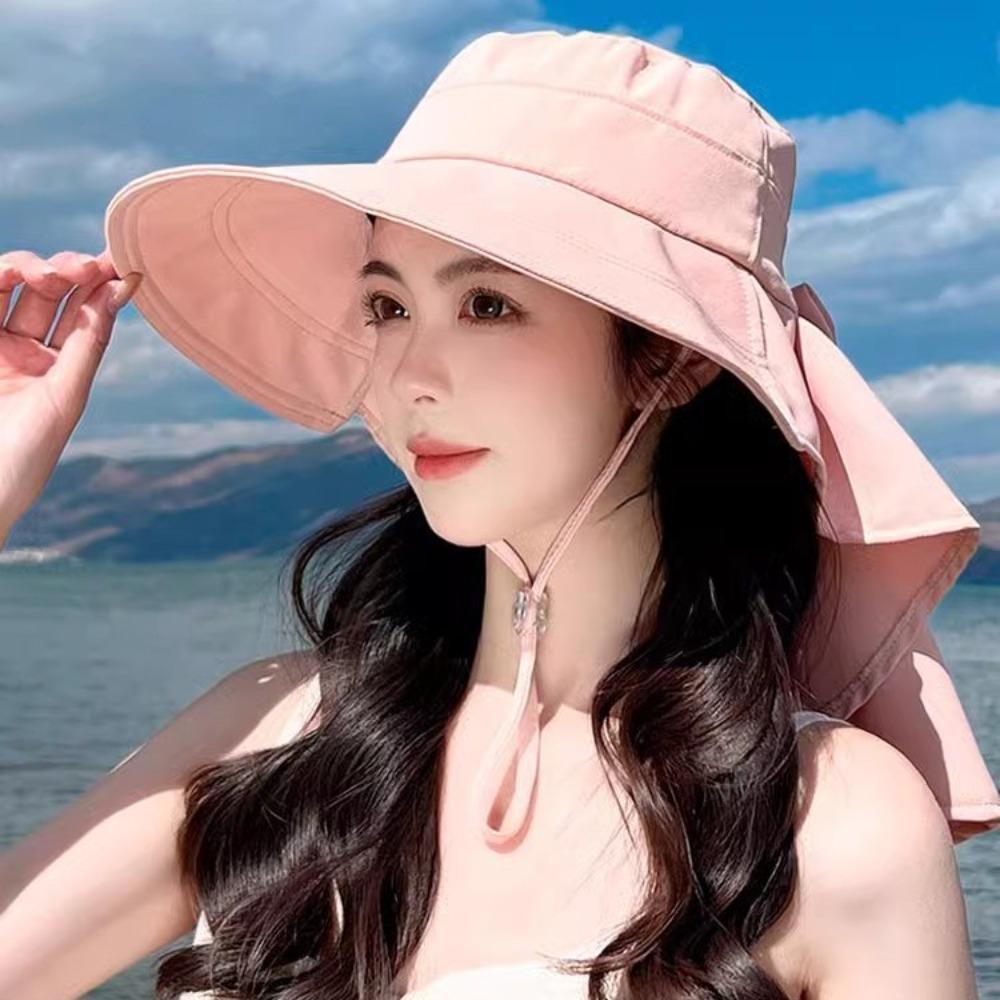 Big Bowknot Sunshade Bucket Hat with Ponytail Hole Aiti UV Fishman Hat Bow Sun Hat Outdoor