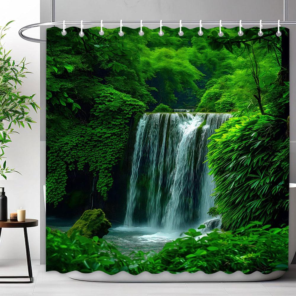 Mediterraner Wald Wasserfall Naturlandschaft Duschvorhang Polyesterstoff Waschbar Badvorhang Badezimmer Dekoration Mit Haken