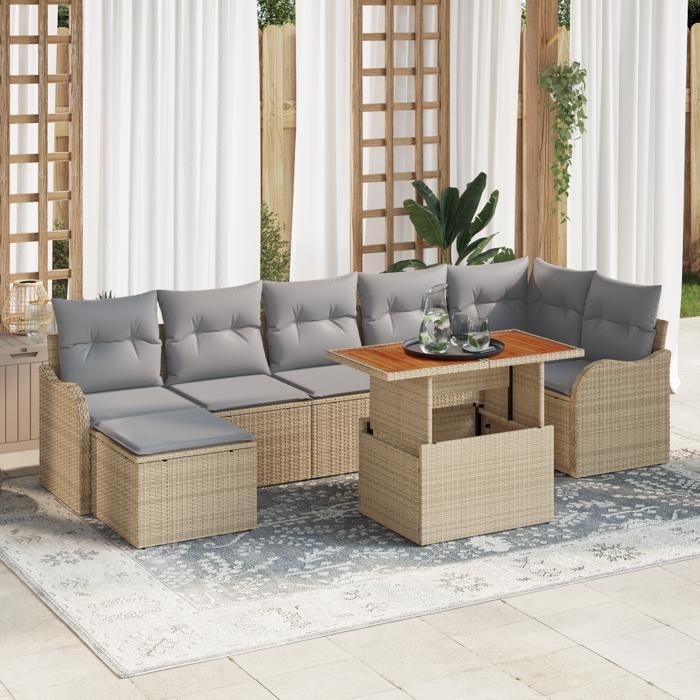 Ensemble de Canapés de Jardin 8 Pièces avec Coussins Beige en Poly Rattan, Canapé de Jardin 2 Places avec Coussins Beige 3349489