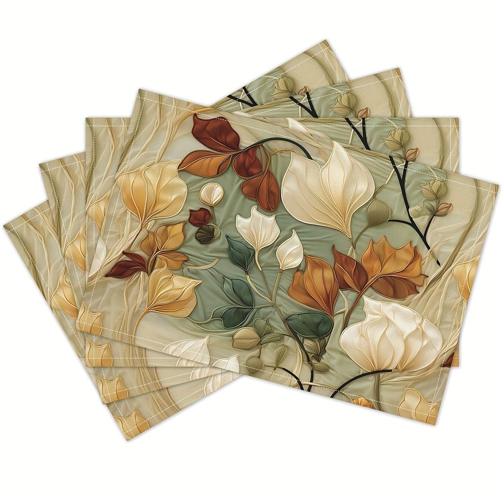 4/6 pièces Tapis de Table Floraux Élégants - Rectangulaire en Lin, Lavable en Machine, Motif Feuille d'Automne & Fleur Blanche, Parfait pour Thanksgiving, Famille