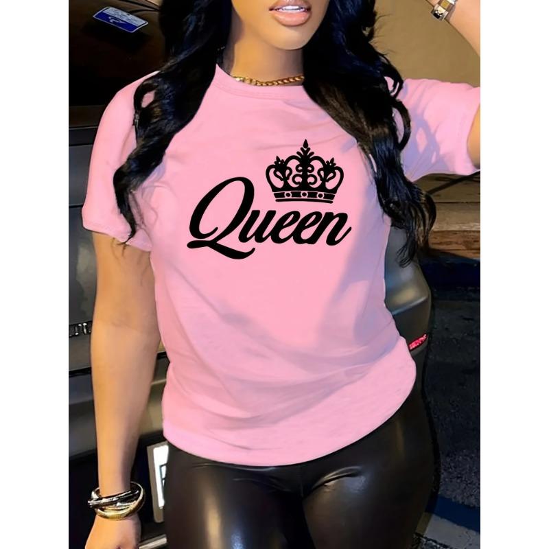 Summer Round Neck Crown Letter "Queen" Printed Top Fashionable Casual Pure Cotton Short Sleeved Women's T-shirts