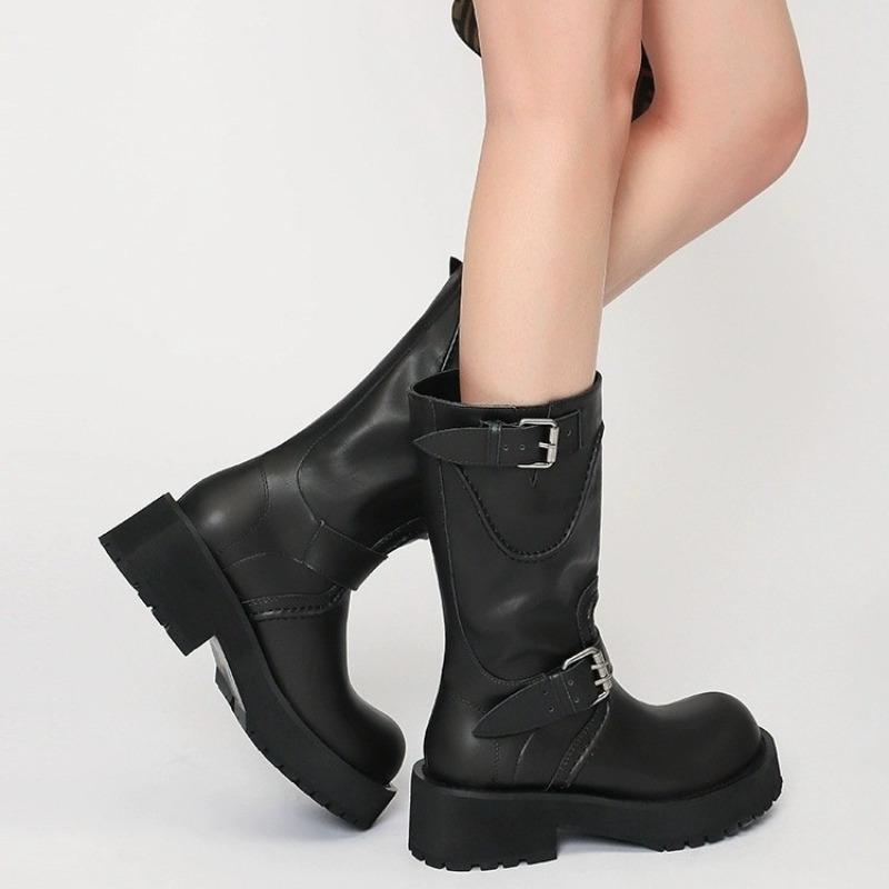 Wind Venom Boots Belt Buckle Thick-soled Medium Tube Knight Boots Upturned Head Western Cowboy Boots Women