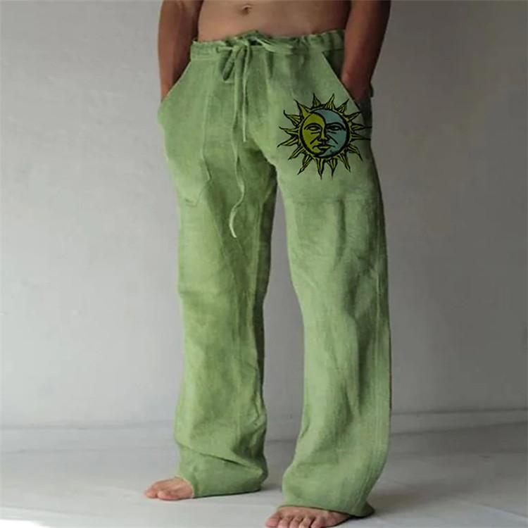 Herren gerade Hose neue Jugend dreifarbige Sonnenblume handbedruckte Baumwolle und Leinen locker lässige Kordelzug Hose