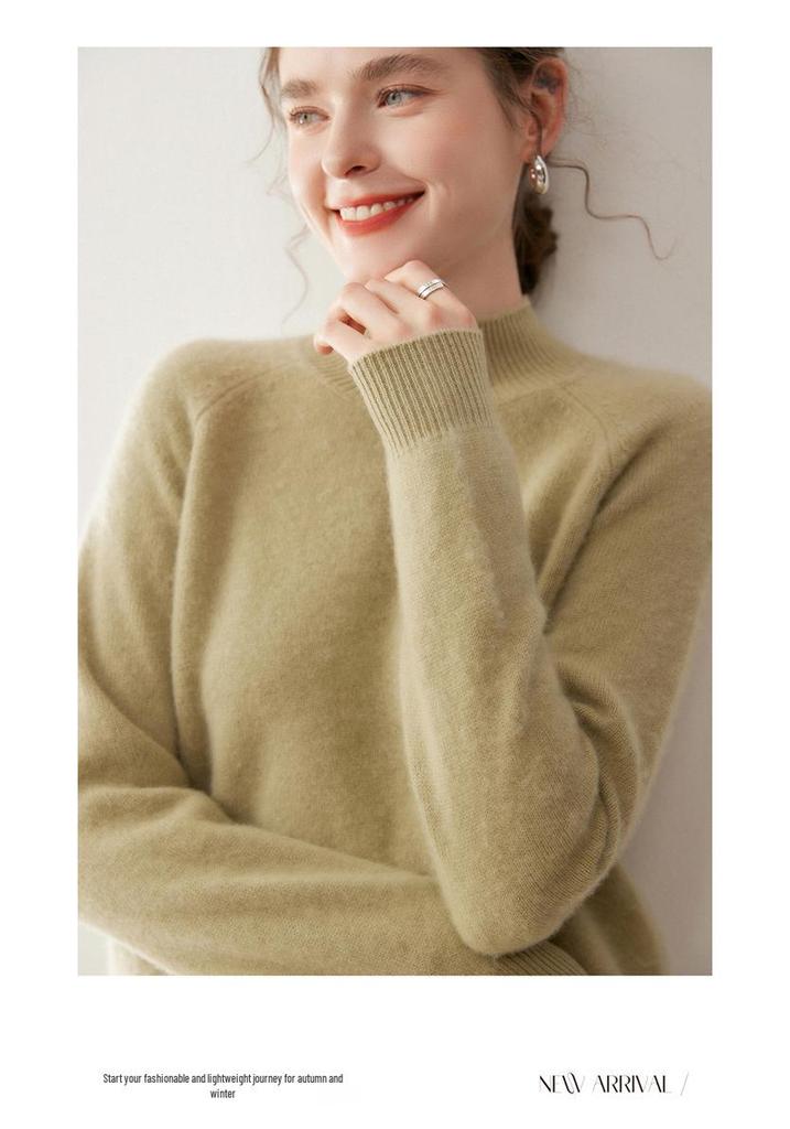 Women's Cashmere Double-Ply Thick Knit Sweater - Half-High Neck, Drop Shoulder, Versatile Solid Color, Autumn/Winter Warm Base Layer