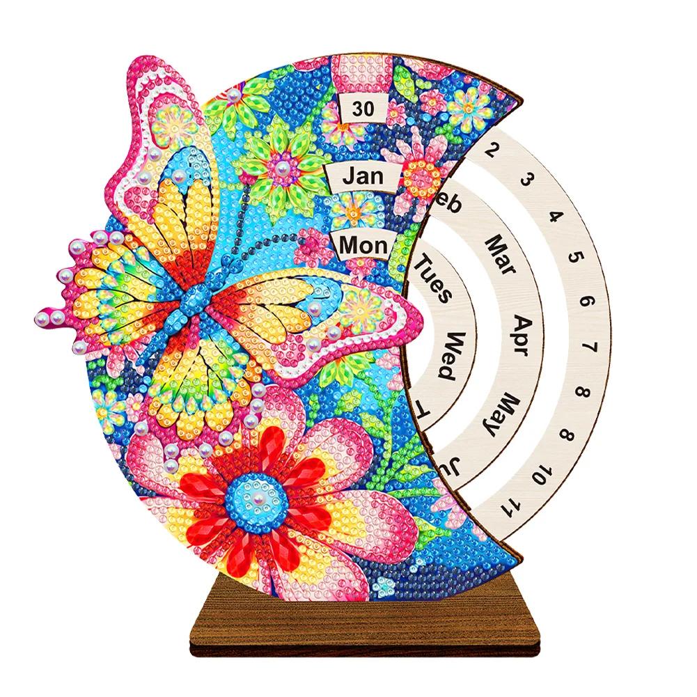 Wooden Special Shaped DIY Diamond Painting Moon Perpetual Calendar Diamond Handmade Rotating Calendar Desk Decor for Beginners