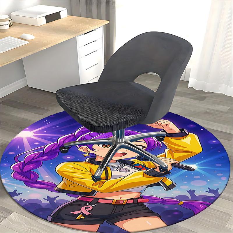 1pc Anime Design Round Carpet - Office Chair Mat with Purple Braid and Pink Ribbon Print, Suitable for Home Decor, Gaming Room