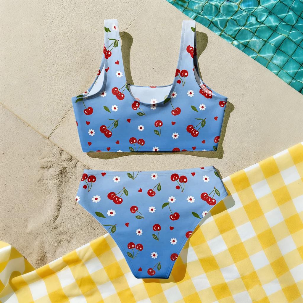 Girls Two Piece Swimsuit Set Tankini Top and High Waist Bottoms Fruit Print Summer Swimwear for Kids Comfortable Fit