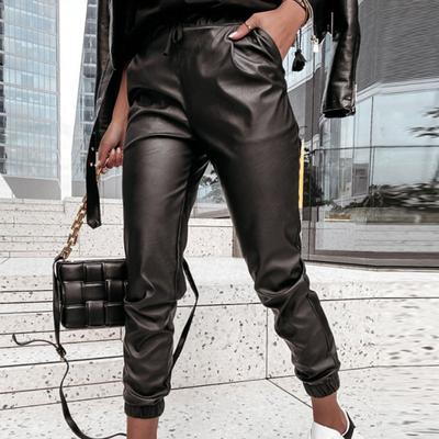 Beauty Casual Pencil Pants Lace-up Pure Black Leather Pants for Women