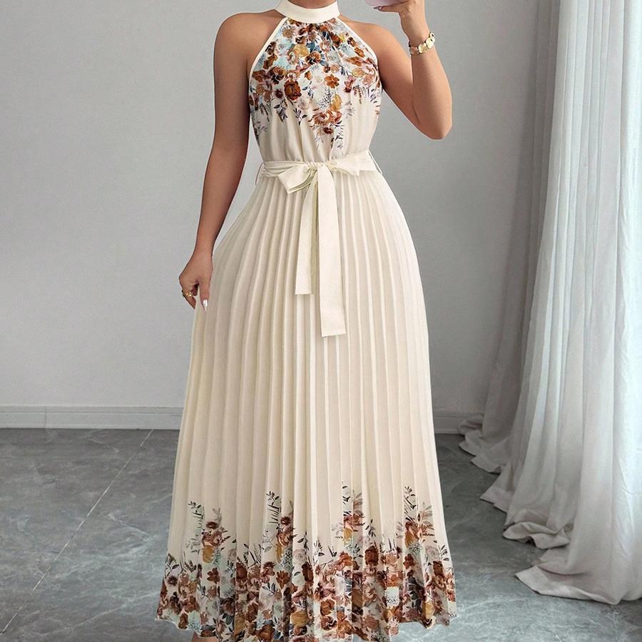 Women's New Year Fashion Printed Pleated Long Dress