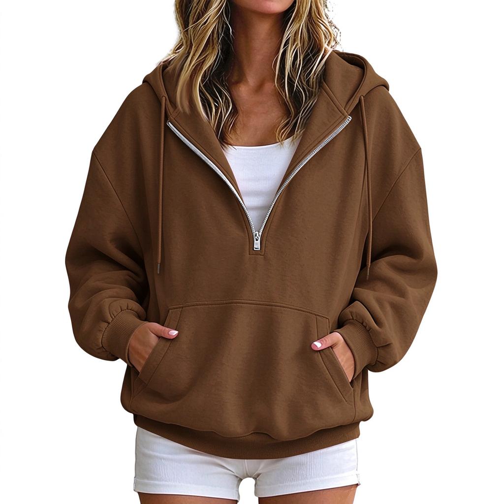 Women's Hooded Half-Zip Pullover with Pockets Casual Comfortable Long Sleeve Top for Everyday Wear