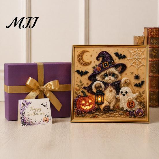 DIY Cat Craft for Adults Halloween Faux Pearl Painting Art Kit, Spooky 3D Beads Party Supplies Crafts, Cute Witch Gem Wall Adults, Lovers Relaxing