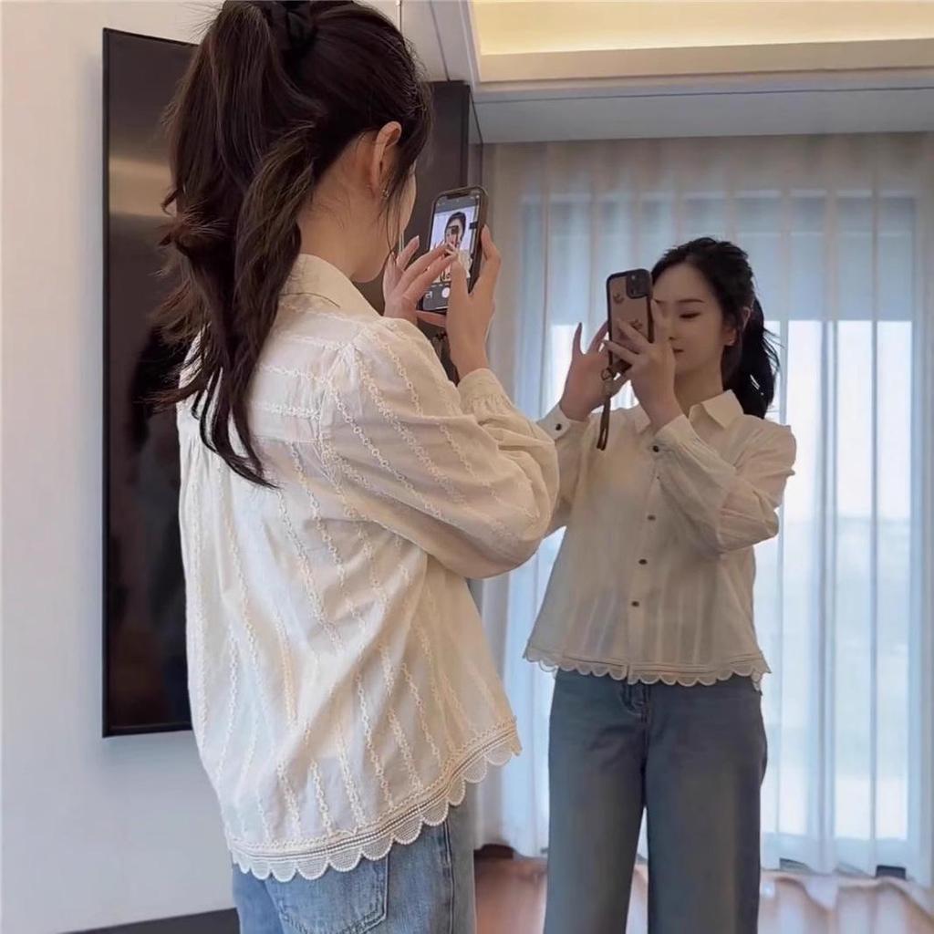 Spring 2025 Women's Lace Patchwork Long-Sleeve Shirt: Fashionable, Age-Reducing, Petite Design