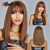 Orange Brown Medium Straight Bob Synthetic Wigs Short Hair with Bangs for Black Women Cosplay Lolita Layered Wig Heat Resistant