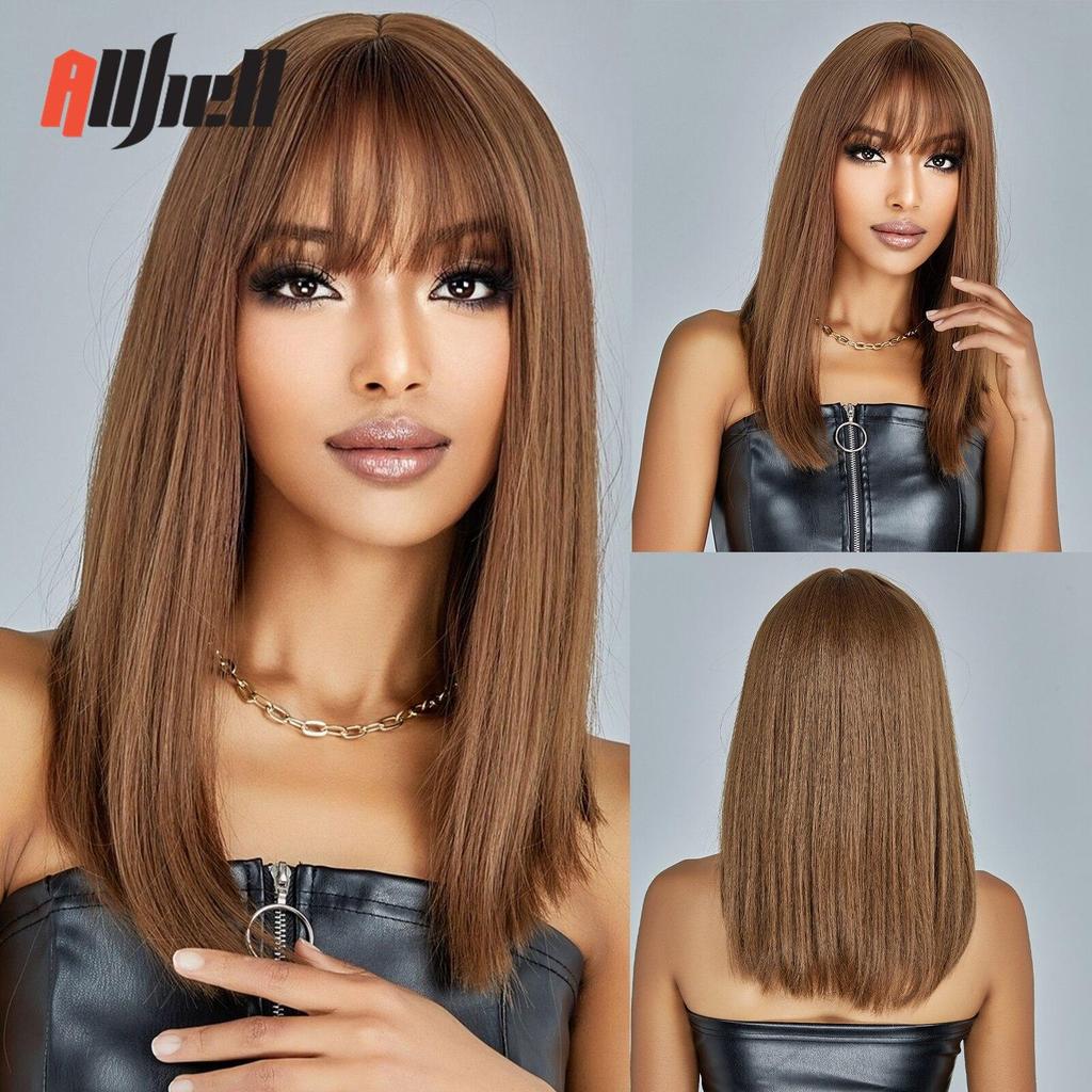 Orange Brown Medium Straight Bob Synthetic Wigs Short Hair with Bangs for Black Women Cosplay Lolita Layered Wig Heat Resistant