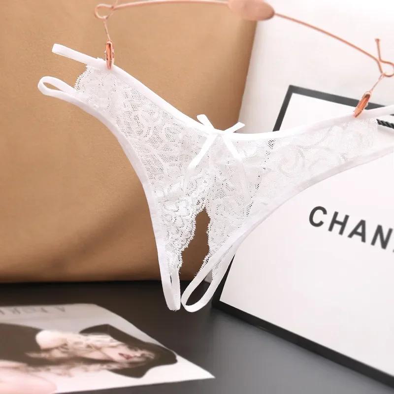 Women Sexy Transparent Lace G-strings Thongs Hollow Out Underwear for Ladies Crotch Opening Panties