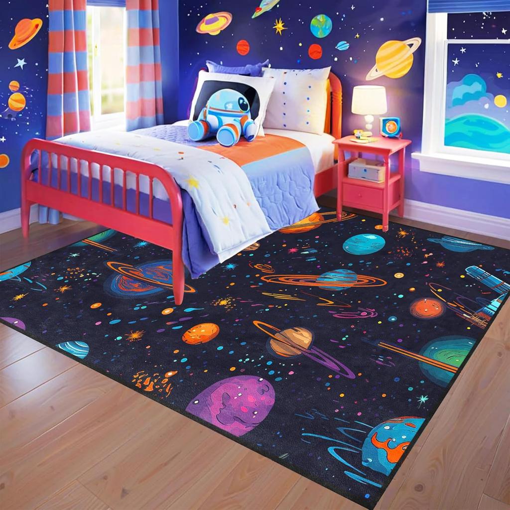 Outer Space Galaxy Rug for Kids Bedroom, Solar System Play Carpet, Universe Theme Non-Slip Floor Mat for Boys and Girls