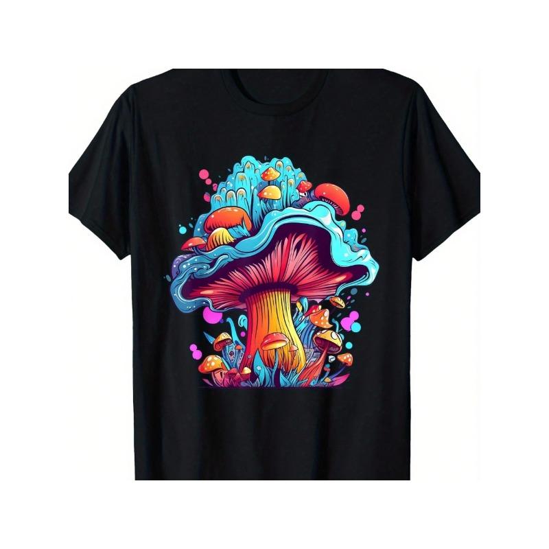 European Sizes Men's Soft & Breathable Mushroom Graphic T-Shirt - Vibrant Fungus Design, Casual Round Neck Tee for All Seasons, Machine Washable