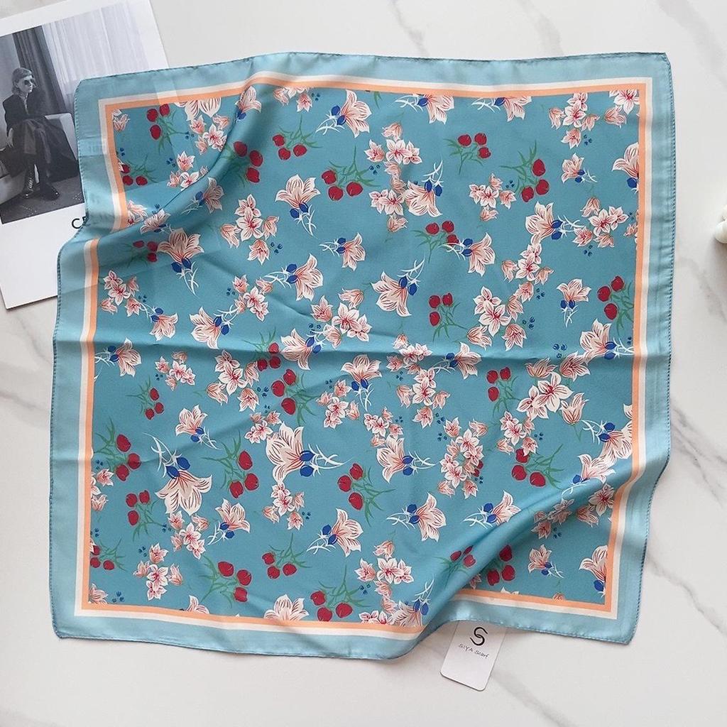 58CM Square Floral Silk-Feel Headscarf: Korean-Inspired Summer Style