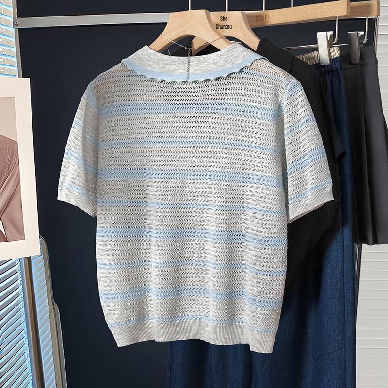 Women's Striped Ice Silk Linen Blend Polo T-Shirt