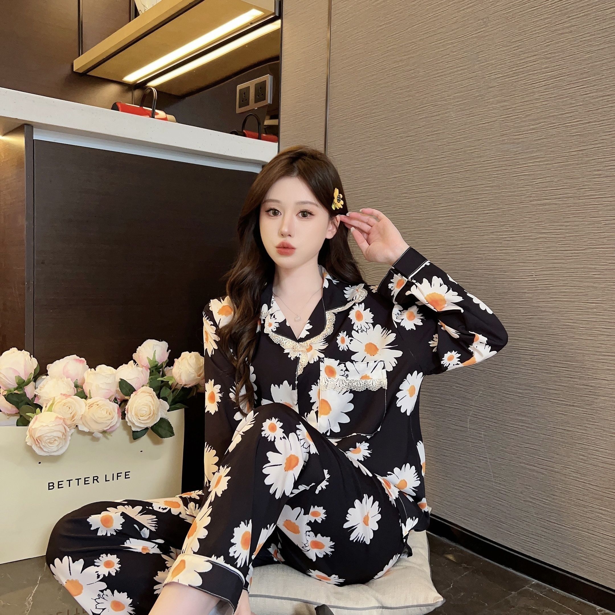 

Корейский пижамный костюм из ледяного шелка для женщин, весна-осень, милая принцесса, домашняя одежда, комплекты с длинными рукавами, тонкая новая пижама для девочек 2XL