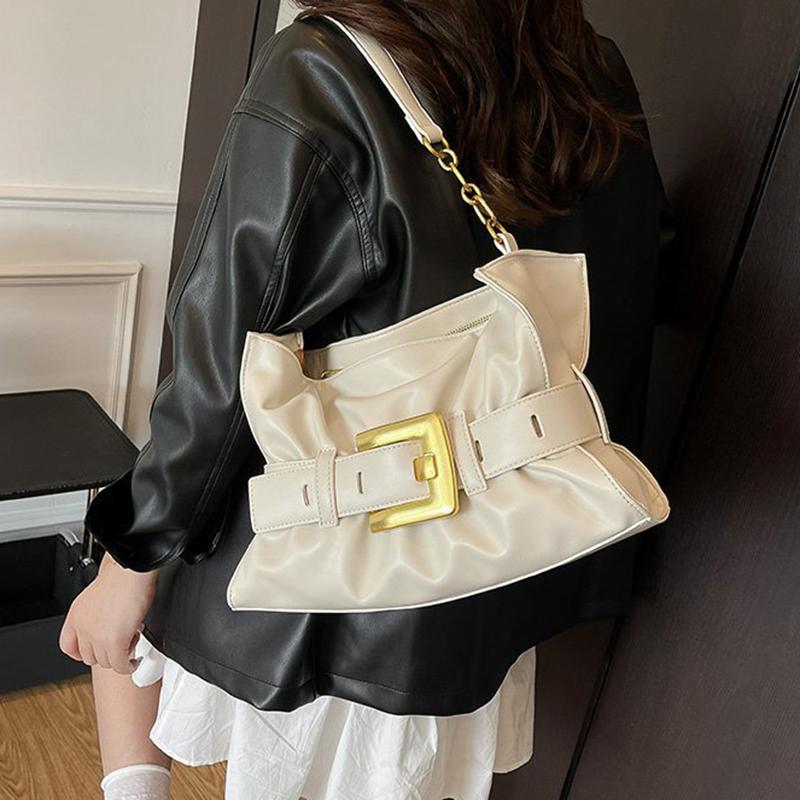 Yogodlns Fashionable Pleated Tote Bag New Brand Design Belt Buckle Motorcycle Bag Large Capacity Single Shoulder Underarm Bag