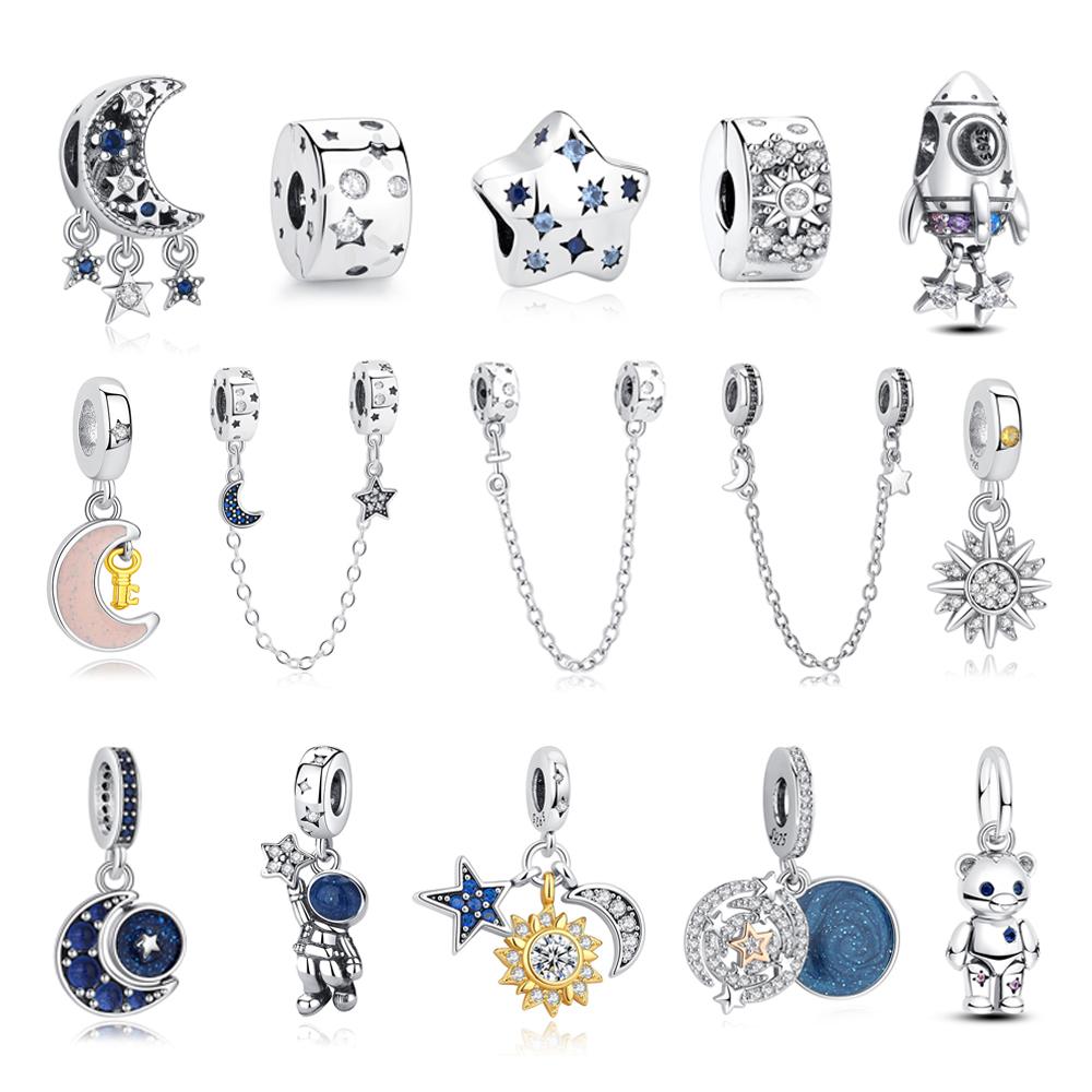 Novos Pingentes Originais de Cobre Estrela Lua Contas de Vidro com Cristal Azul Compatíveis com Pulseiras Colares Joias de Marca Para Mulheres