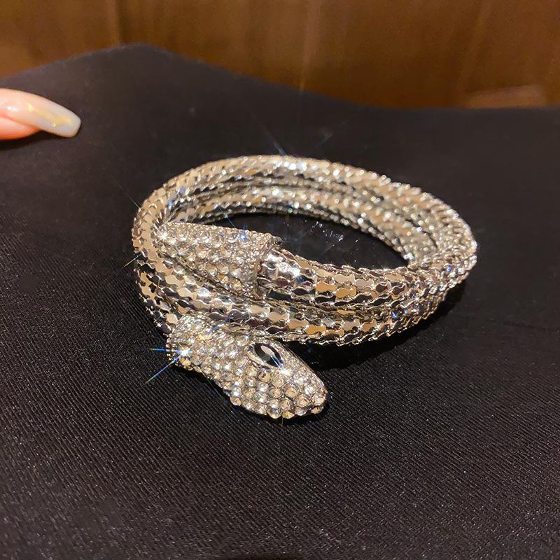 European American Luxury Snake-Inspired Diamond Open Bangle Bracelet for Women