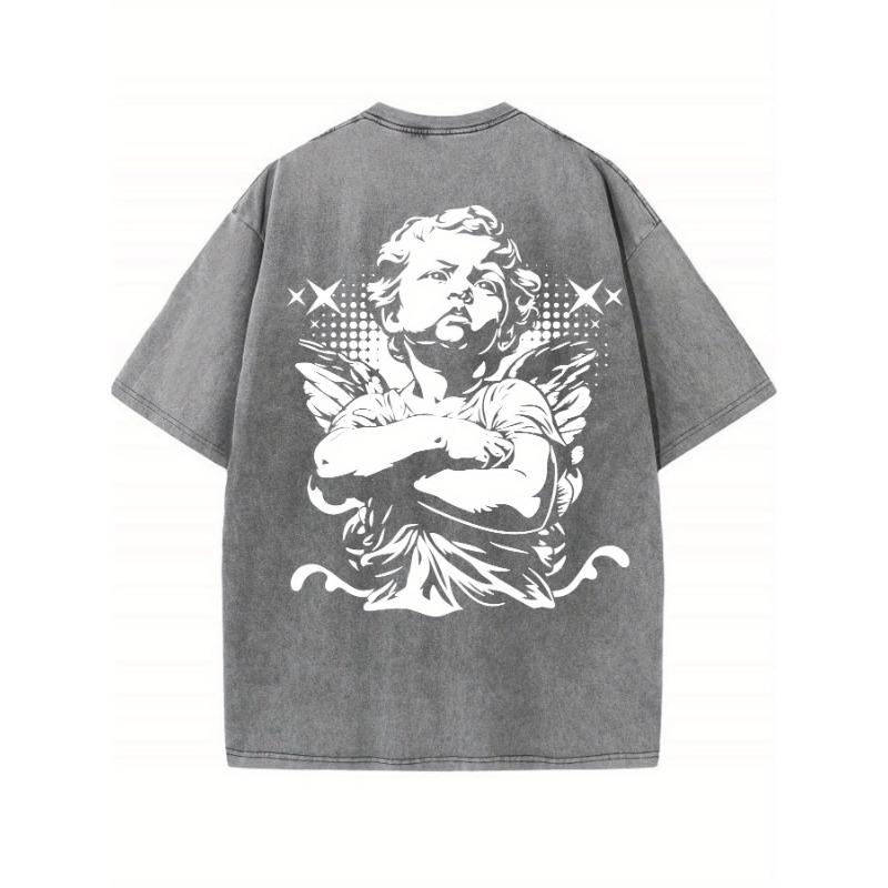 Men's Vintage Washed Cotton T-Shirt | 100% Cotton Casual Round Neck Bold Geometric Angelic Print Breathable Machine