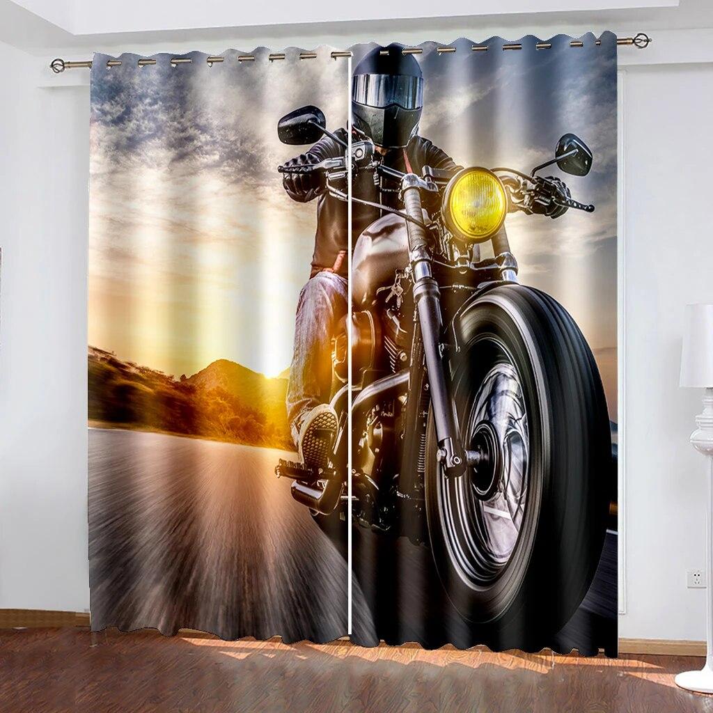 Motorfiets Gedrukte Gordijnen Twee Onafhankelijke Gordijnen Links en Rechts Semi Verduisterende Gordijnen voor Slaapkamers Raamjaloezieën W50xH130(CM)x2PCS-Grommet Top