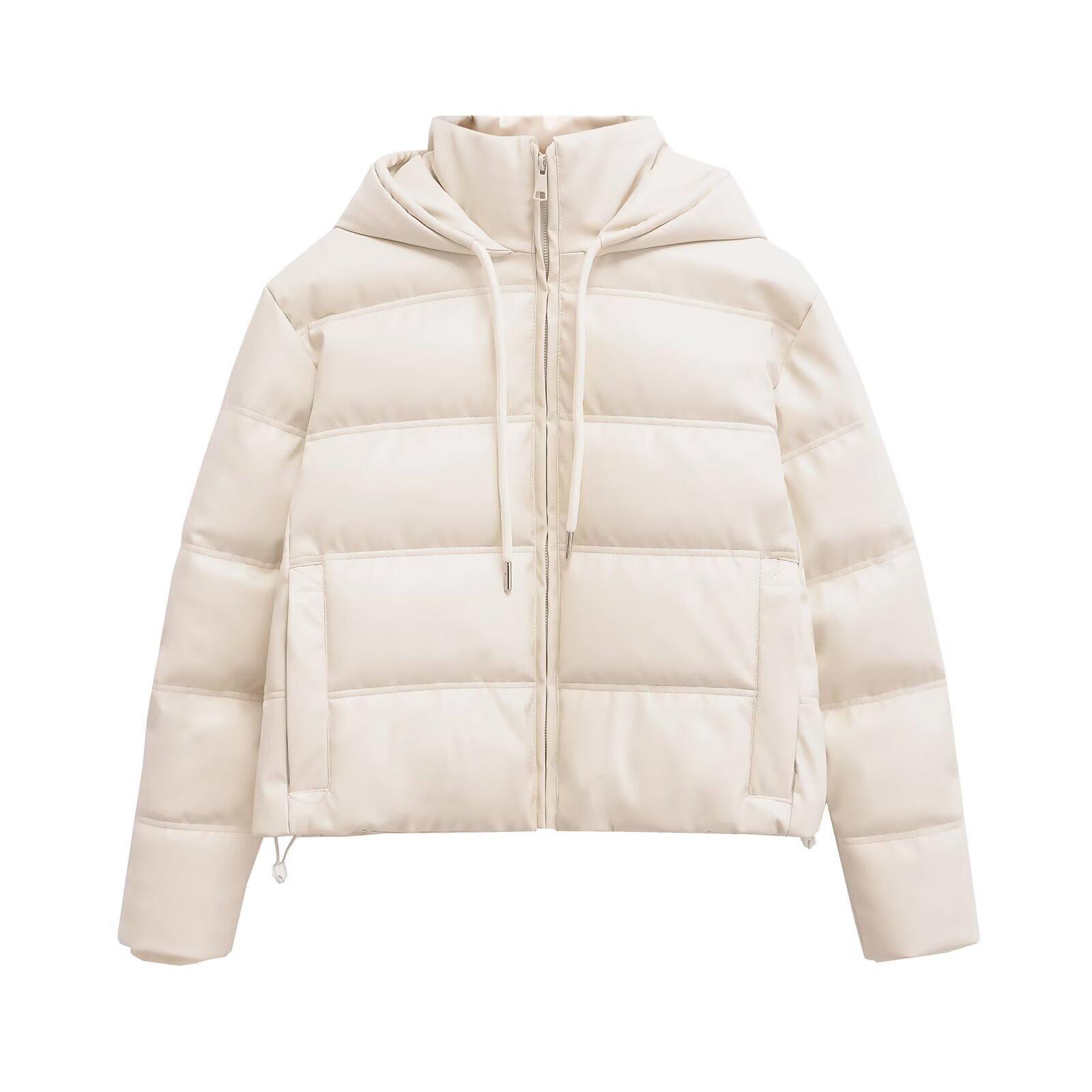 

Зимняя женская куртка из искусственной кожи с капюшоном, пальто с хлопковой подкладкой, 2024 Medium слоновая кость